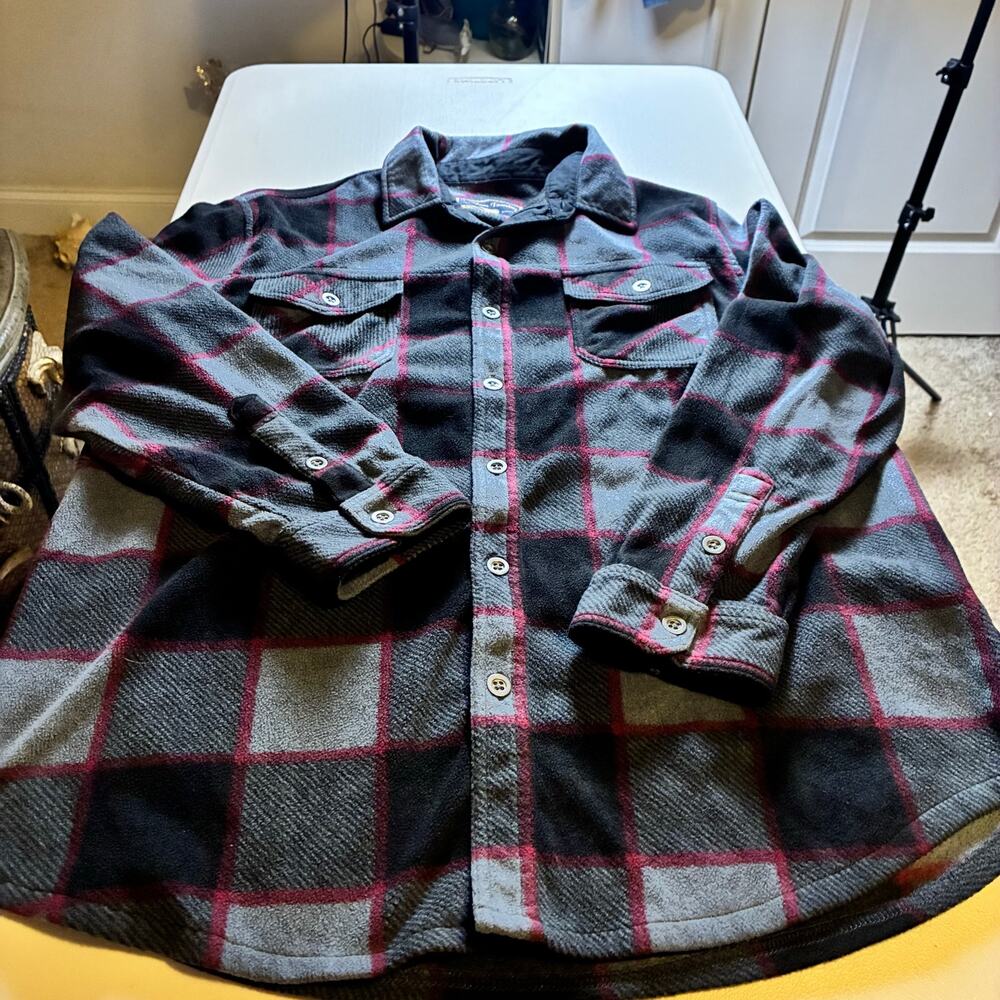 Shacket Freedom Foundry Fleece Flannel Shirt Jacket Gray Black Plaid Men's XL
